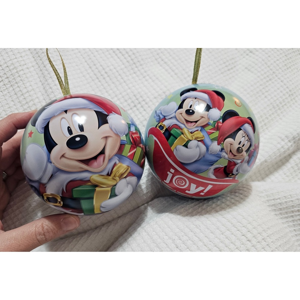 Disney Mickey Minnie Mouse Holiday Tin Ball Ornaments Set of 2 Christmas Joy